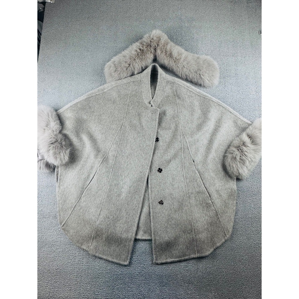 Miss Rosier Cape Women OSFM Gray Fur Trim Button Front Relaxed Elegant Cozy Prep